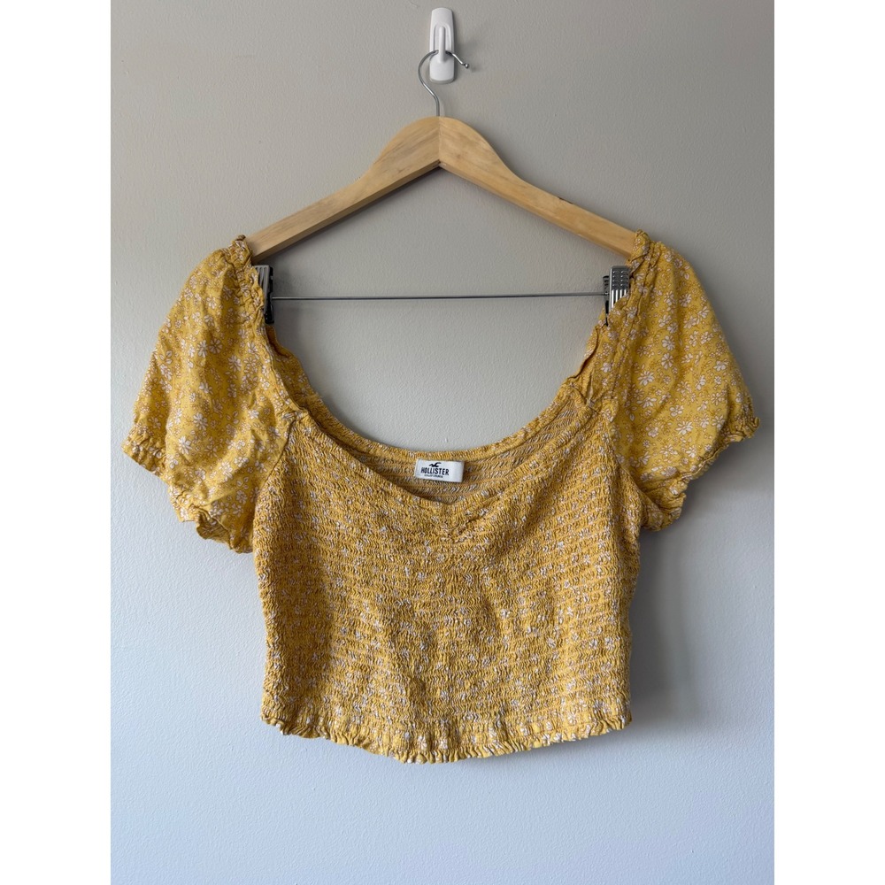 Yellow Y2K Floral Smocked‎ Baby Crop Top Puff Sleeve Peasant Boho Size L